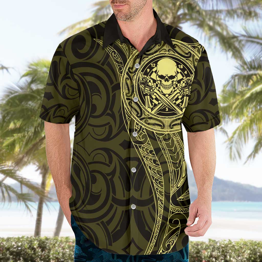 New Zealand Skull Darts Hawaiian Shirt Aotearoa Maori Chest Tattoo Stylized Gold - Polynesian Pride