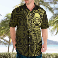 New Zealand Skull Darts Hawaiian Shirt Aotearoa Maori Chest Tattoo Stylized Gold - Polynesian Pride