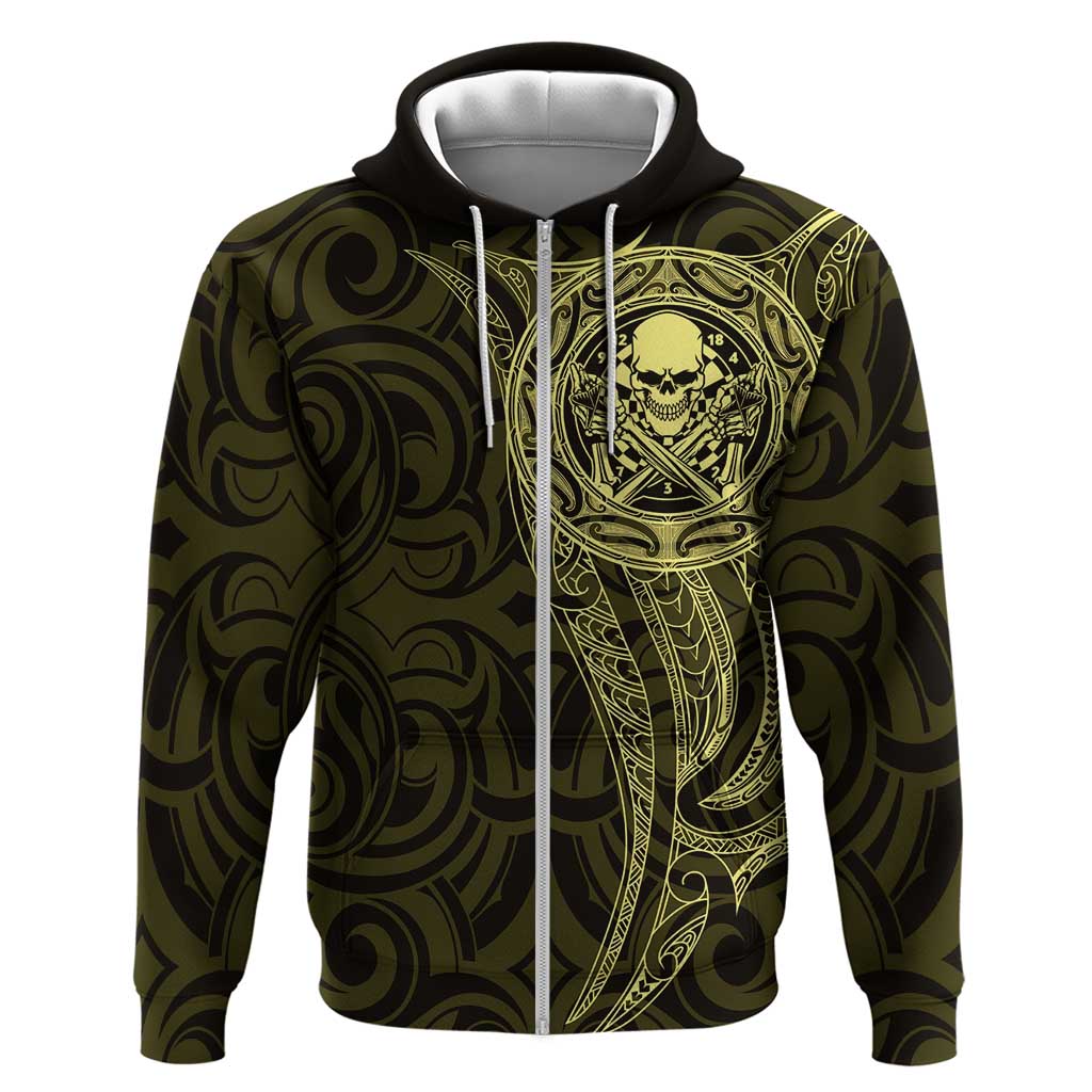 New Zealand Skull Darts Hoodie Aotearoa Maori Chest Tattoo Stylized Gold - Polynesian Pride