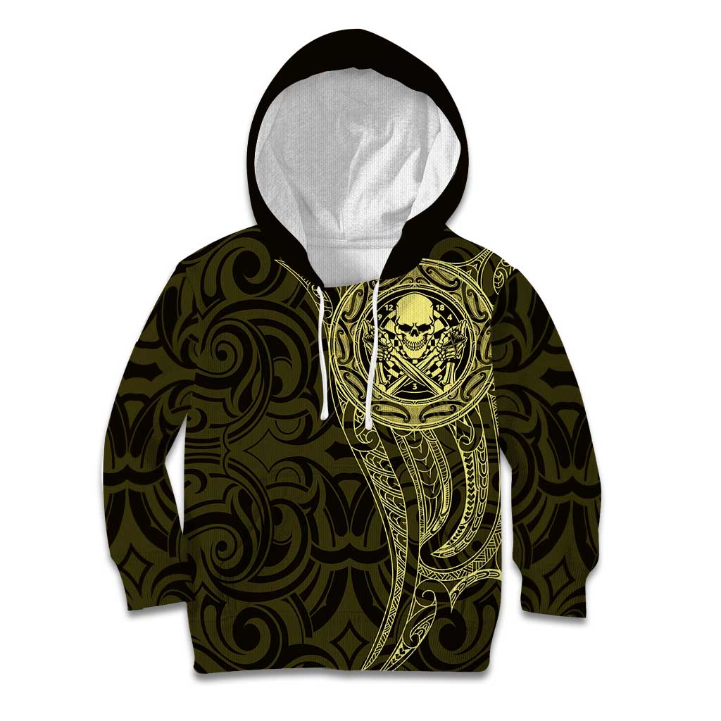 New Zealand Skull Darts Kid Hoodie Aotearoa Maori Chest Tattoo Stylized Gold - Polynesian Pride
