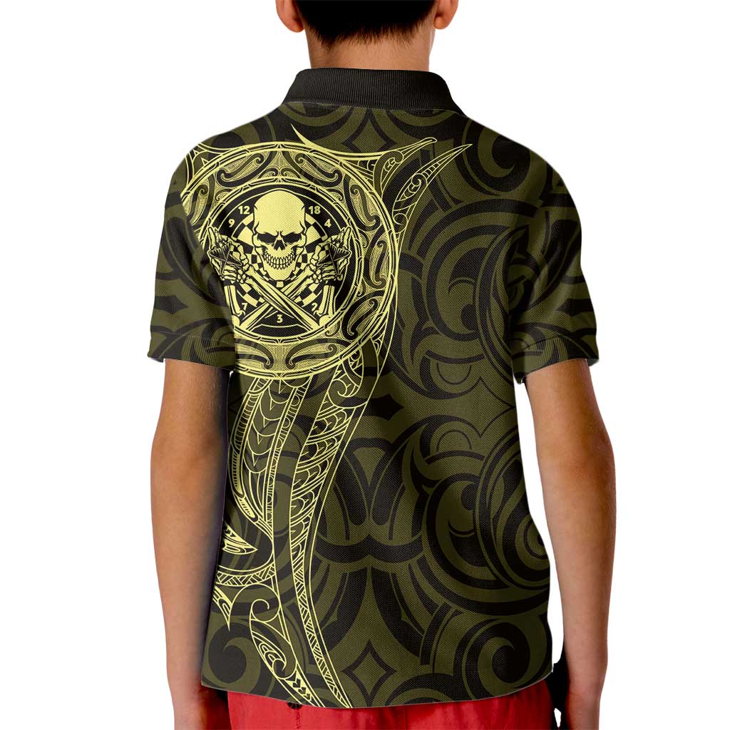 New Zealand Skull Darts Kid Polo Shirt Aotearoa Maori Chest Tattoo Stylized Gold - Polynesian Pride