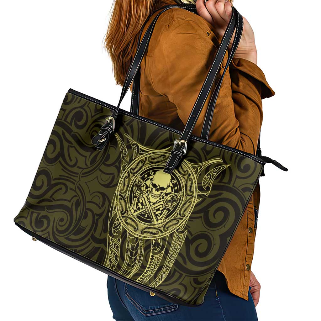 New Zealand Skull Darts Leather Tote Bag Aotearoa Maori Chest Tattoo Stylized Gold - Polynesian Pride