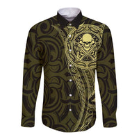 New Zealand Skull Darts Long Sleeve Button Shirt Aotearoa Maori Chest Tattoo Stylized Gold - Polynesian Pride