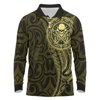 New Zealand Skull Darts Long Sleeve Polo Shirt Aotearoa Maori Chest Tattoo Stylized Gold - Polynesian Pride