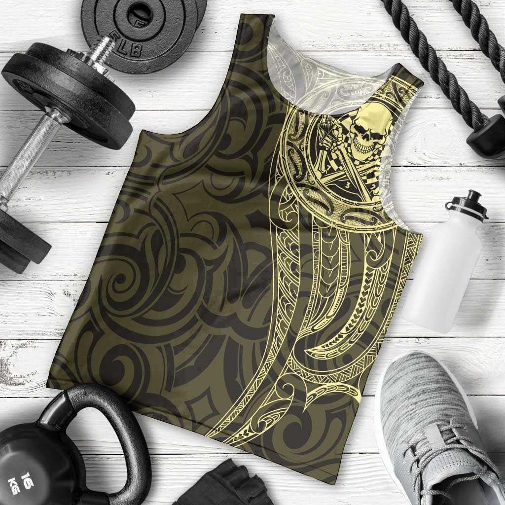 New Zealand Skull Darts Men Tank Top Aotearoa Maori Chest Tattoo Stylized Gold - Polynesian Pride