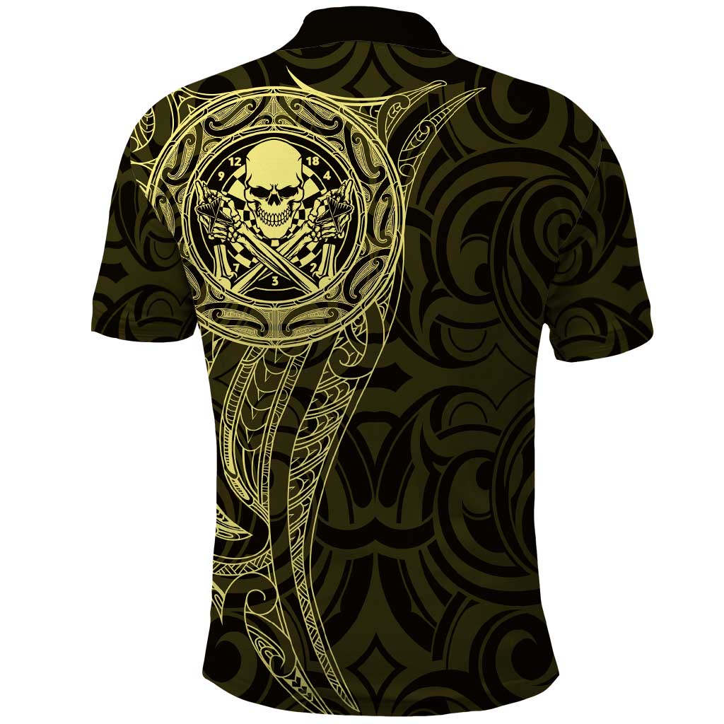 New Zealand Skull Darts Polo Shirt Aotearoa Maori Chest Tattoo Stylized Gold - Polynesian Pride