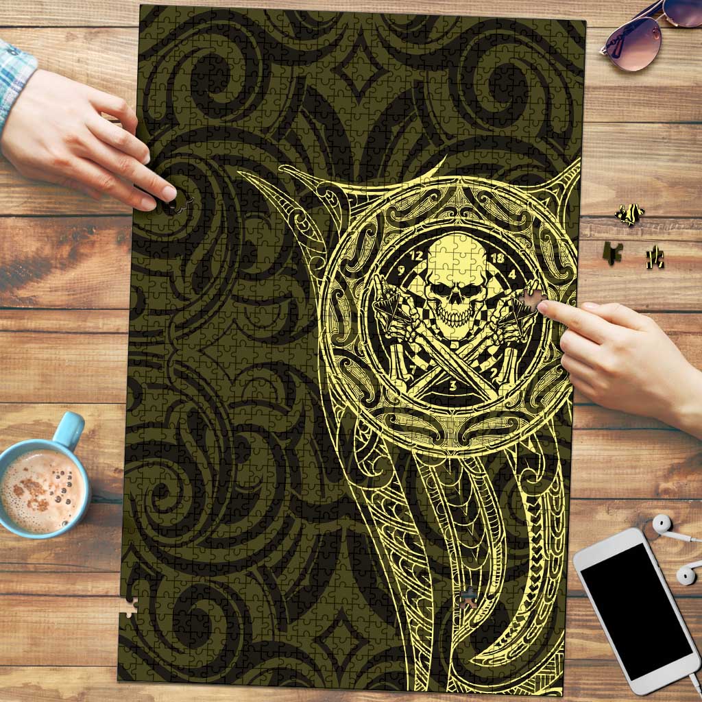 New Zealand Skull Darts Puzzle Aotearoa Maori Chest Tattoo Stylized Gold - Polynesian Pride