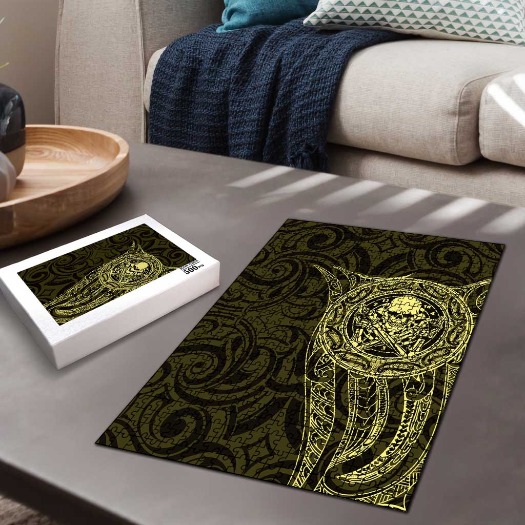 New Zealand Skull Darts Puzzle Aotearoa Maori Chest Tattoo Stylized Gold - Polynesian Pride