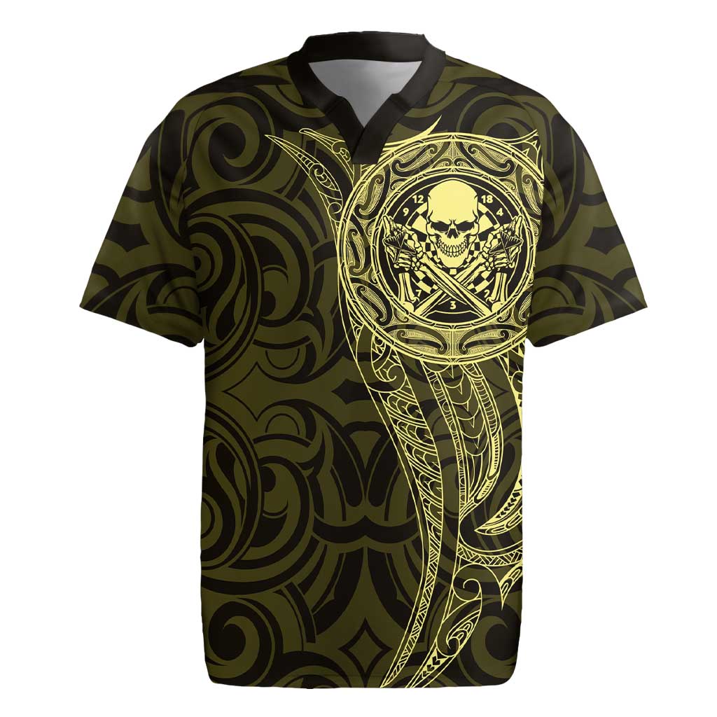 New Zealand Skull Darts Rugby Jersey Aotearoa Maori Chest Tattoo Stylized Gold - Polynesian Pride