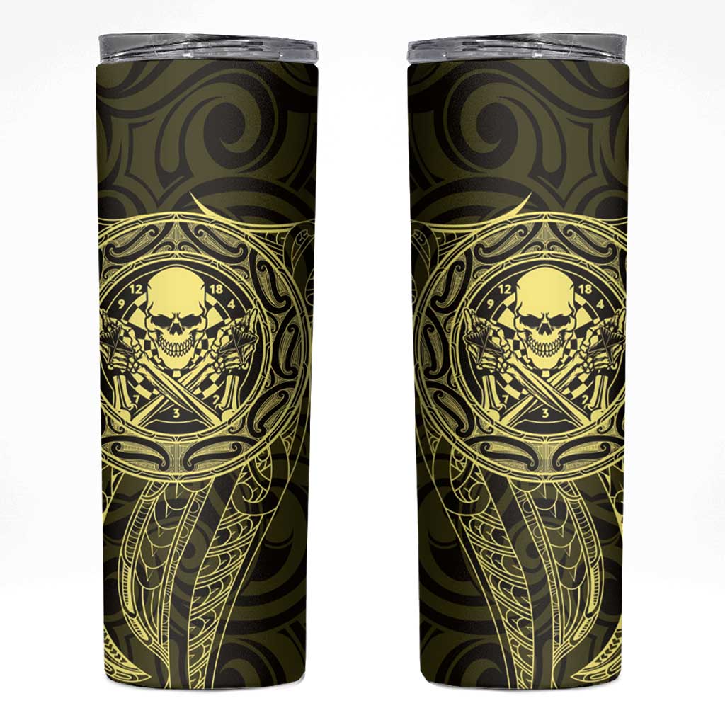New Zealand Skull Darts Skinny Tumbler Aotearoa Maori Chest Tattoo Stylized Gold - Polynesian Pride