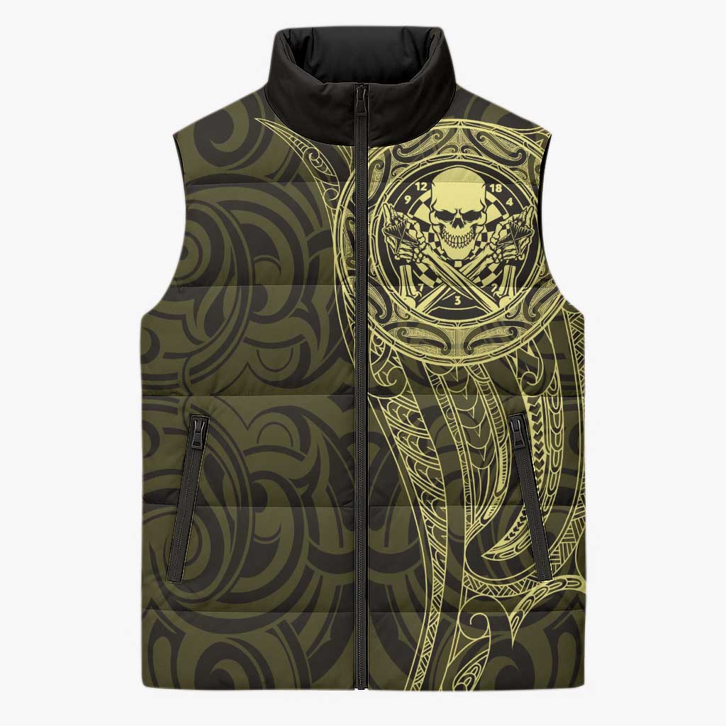 New Zealand Skull Darts Sleeveless Puffer Jacket Aotearoa Maori Chest Tattoo Stylized Gold - Polynesian Pride