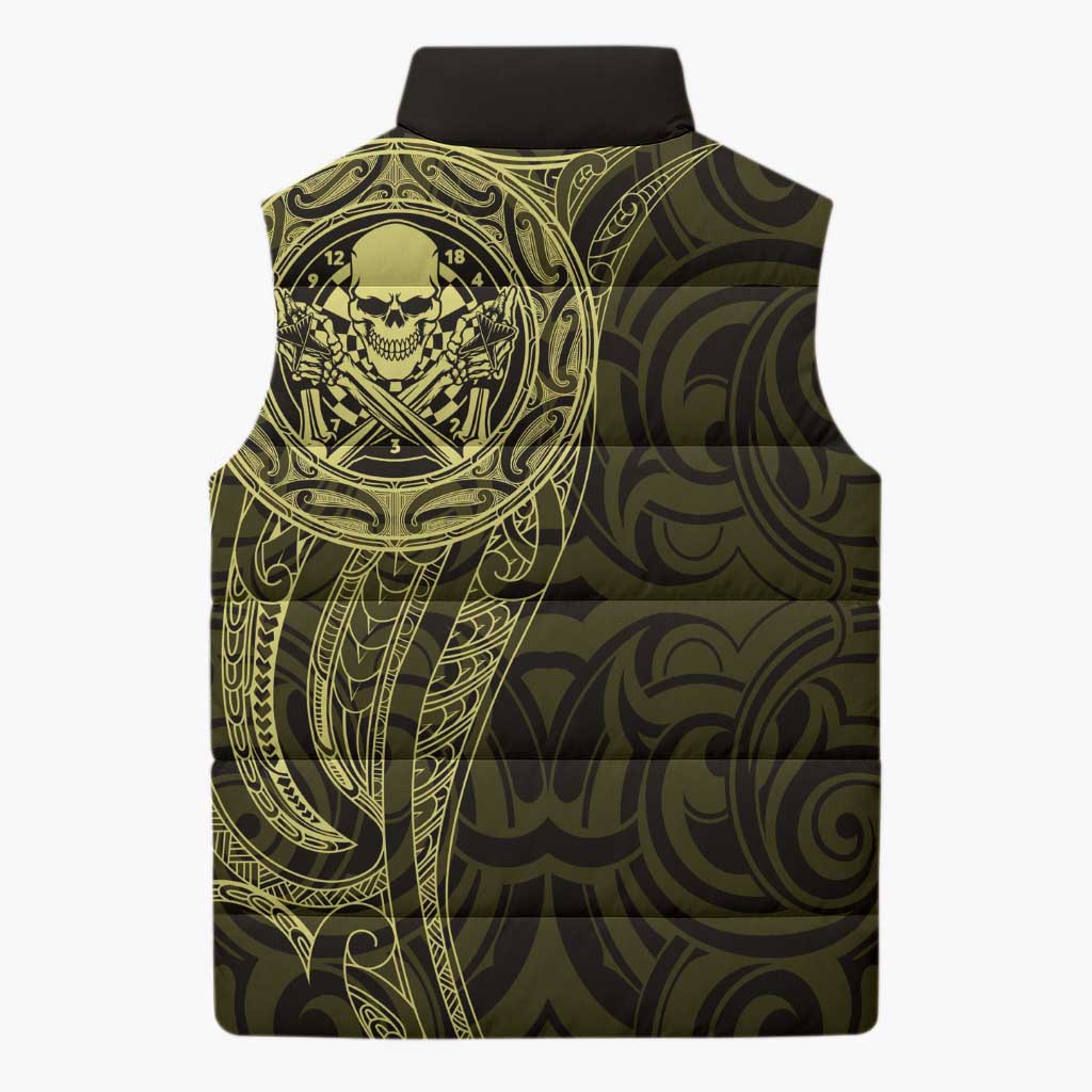 New Zealand Skull Darts Sleeveless Puffer Jacket Aotearoa Maori Chest Tattoo Stylized Gold - Polynesian Pride