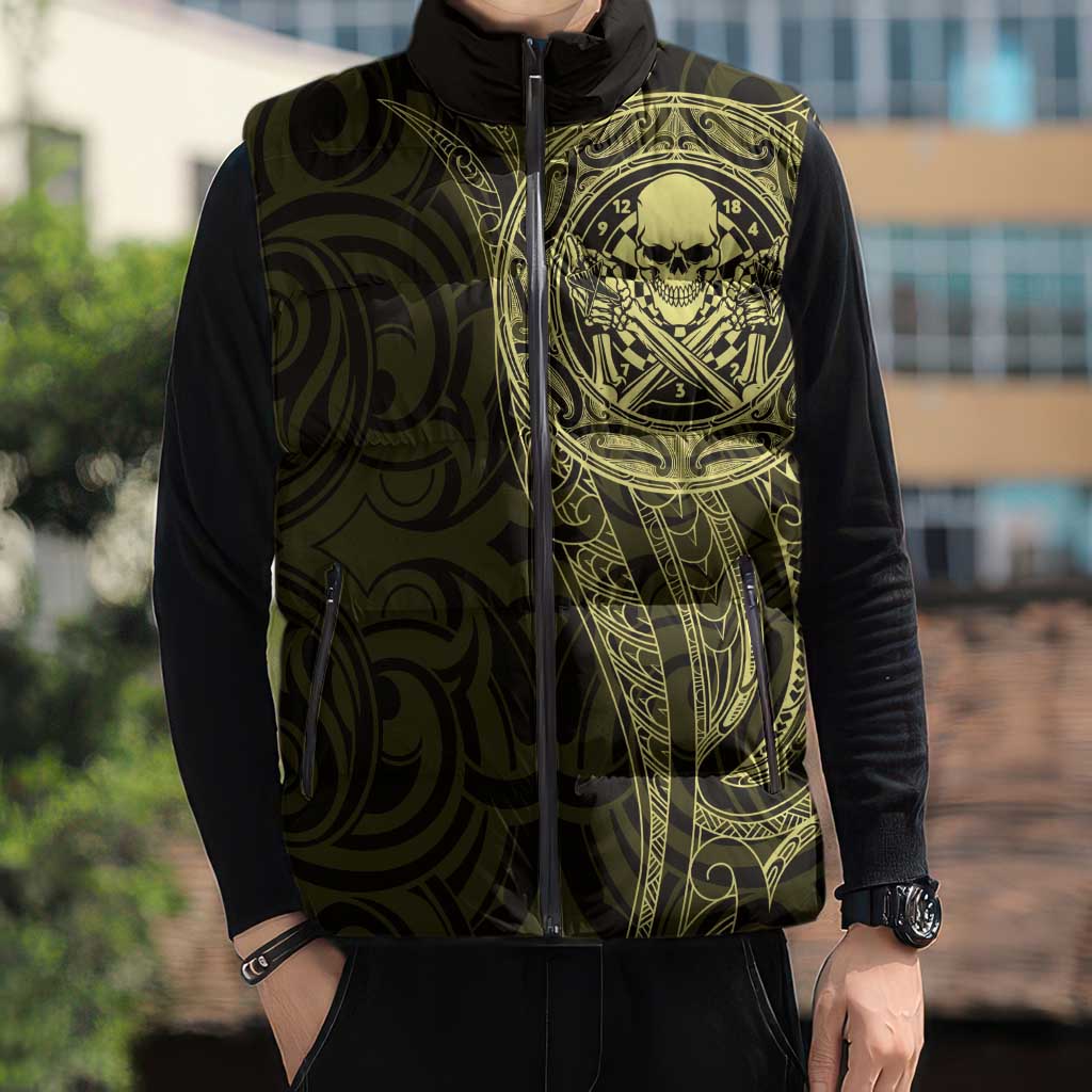 New Zealand Skull Darts Sleeveless Puffer Jacket Aotearoa Maori Chest Tattoo Stylized Gold - Polynesian Pride