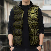 New Zealand Skull Darts Sleeveless Puffer Jacket Aotearoa Maori Chest Tattoo Stylized Gold - Polynesian Pride