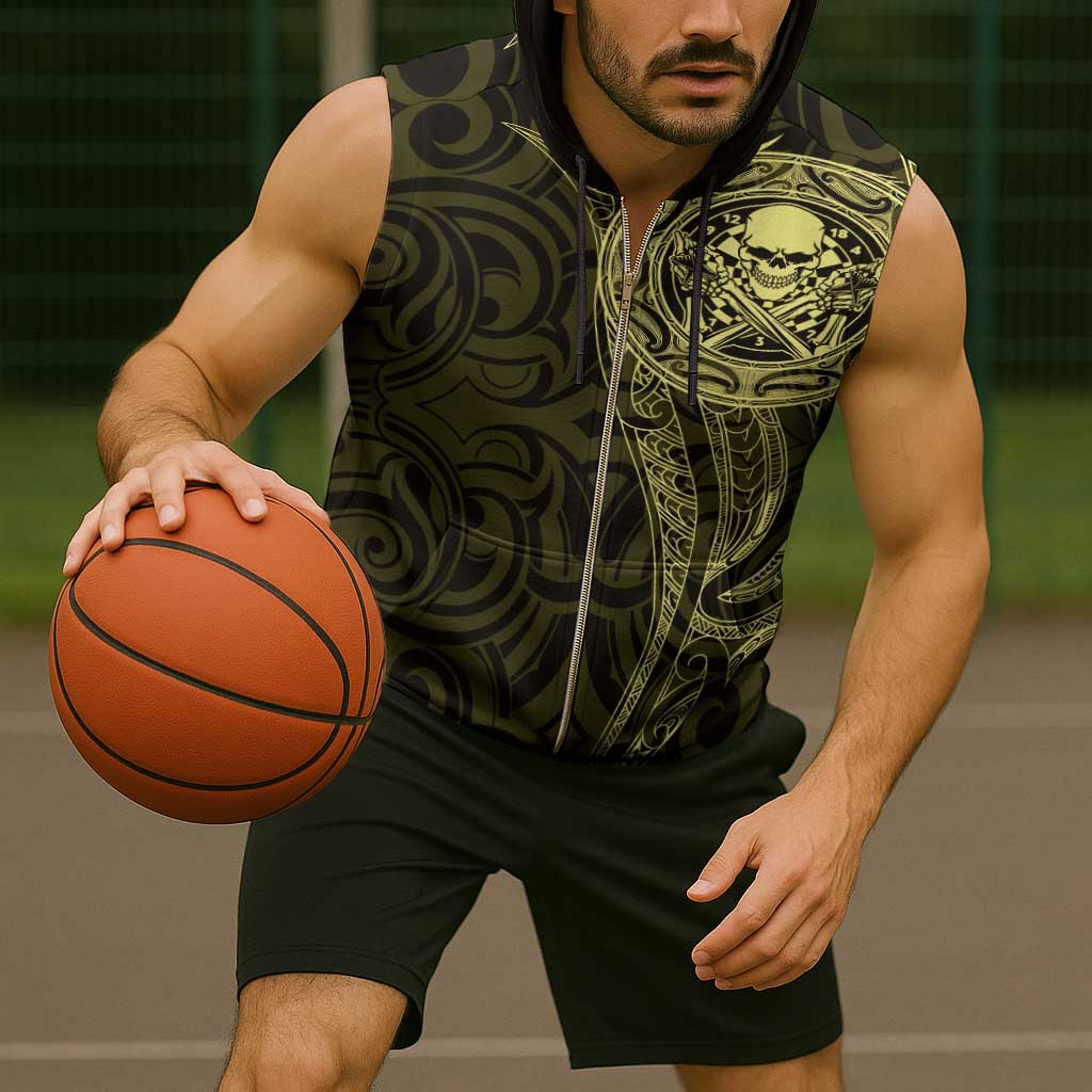 New Zealand Skull Darts Sleeveless Zip Hoodie Aotearoa Maori Chest Tattoo Stylized Gold - Polynesian Pride