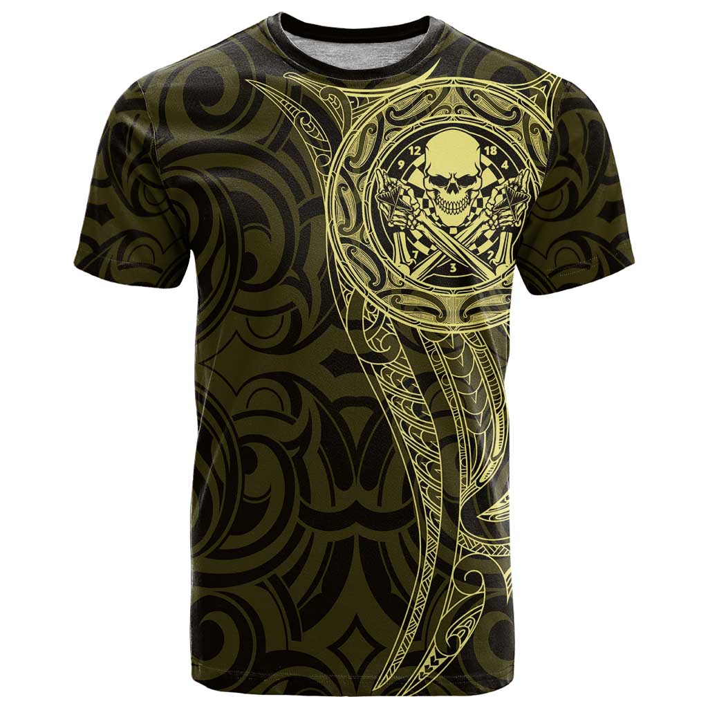 New Zealand Skull Darts T Shirt Aotearoa Maori Chest Tattoo Stylized Gold - Polynesian Pride