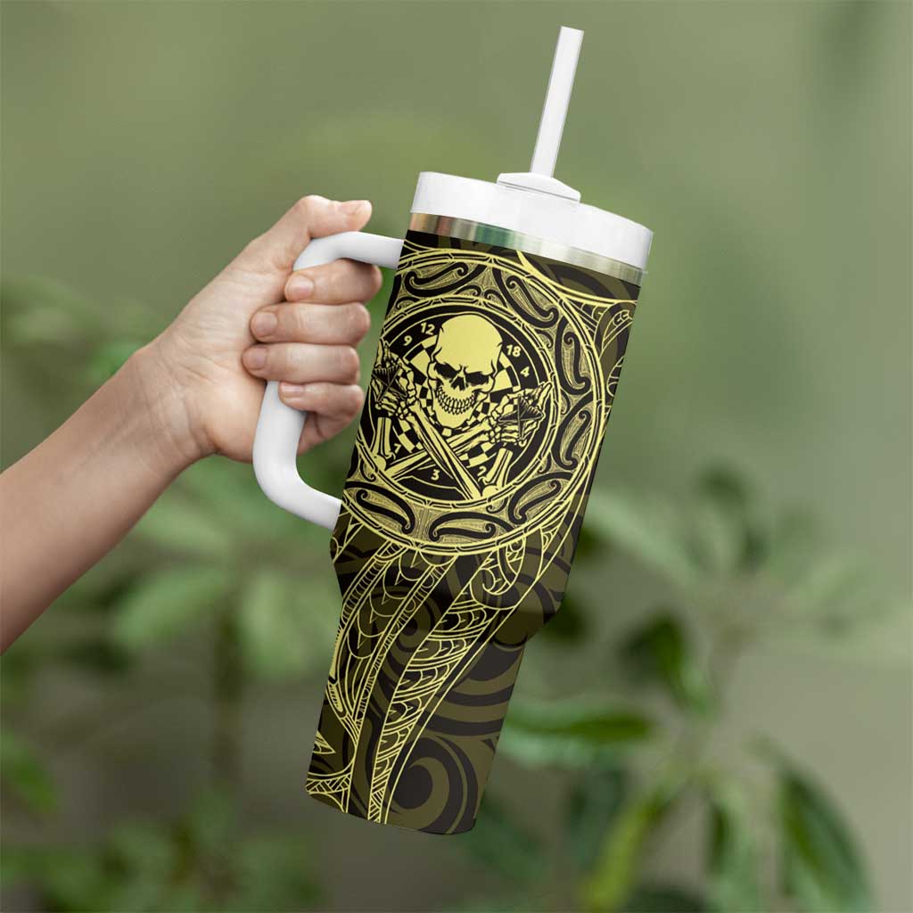 New Zealand Skull Darts Tumbler With Handle Aotearoa Maori Chest Tattoo Stylized Gold - Polynesian Pride