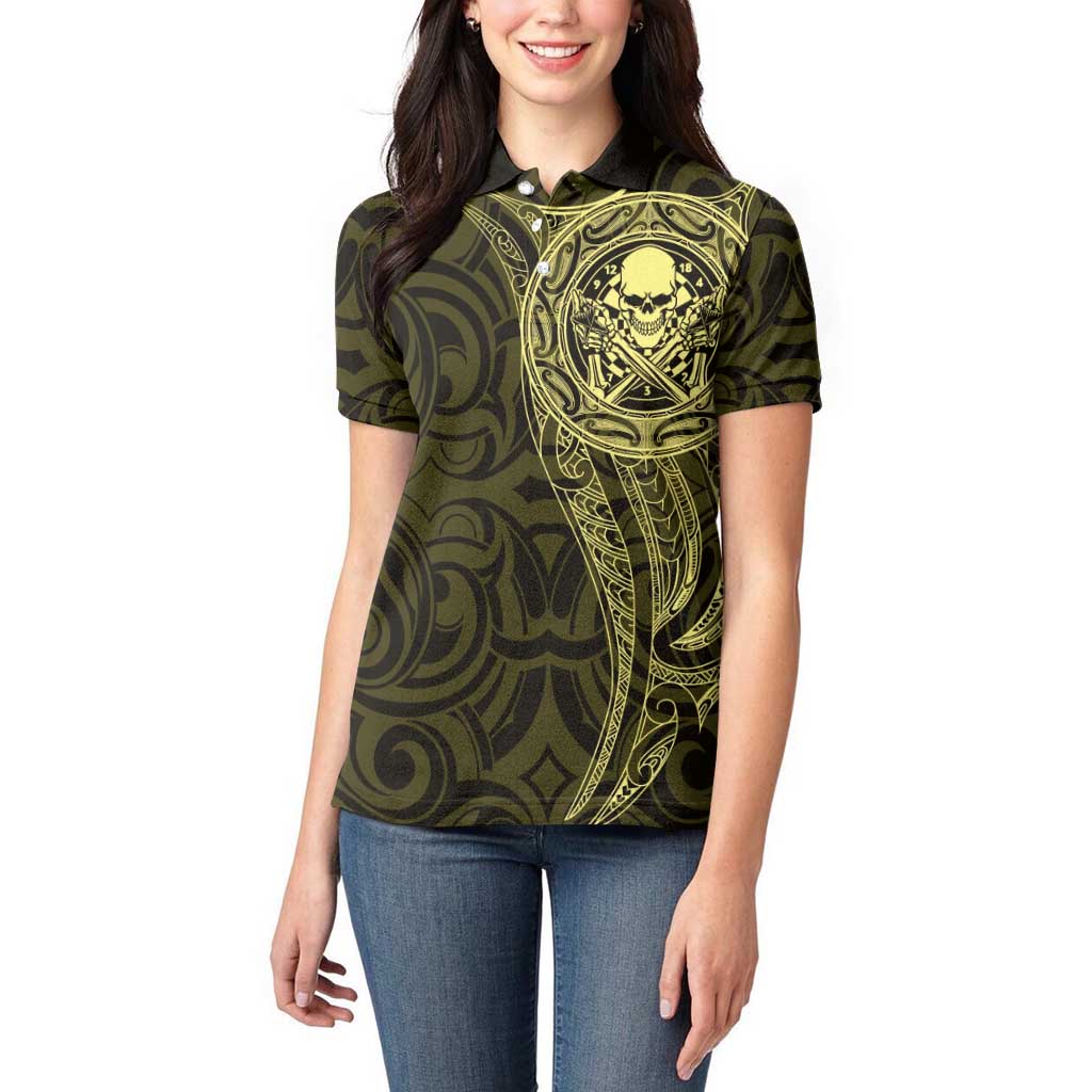 New Zealand Skull Darts Women Polo Shirt Aotearoa Maori Chest Tattoo Stylized Gold - Polynesian Pride