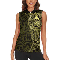 New Zealand Skull Darts Women Sleeveless Polo Shirt Aotearoa Maori Chest Tattoo Stylized Gold - Polynesian Pride