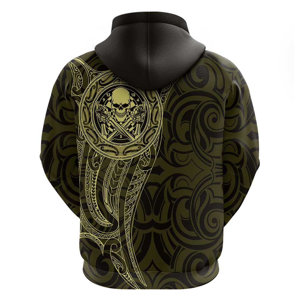 New Zealand Skull Darts Zip Hoodie Aotearoa Maori Chest Tattoo Stylized Gold - Polynesian Pride