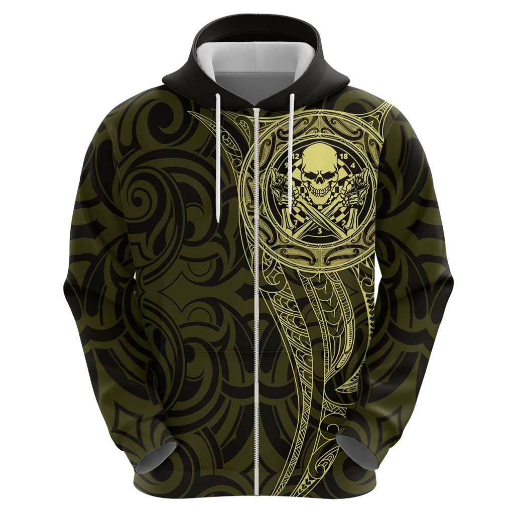 New Zealand Skull Darts Zip Hoodie Aotearoa Maori Chest Tattoo Stylized Gold - Polynesian Pride