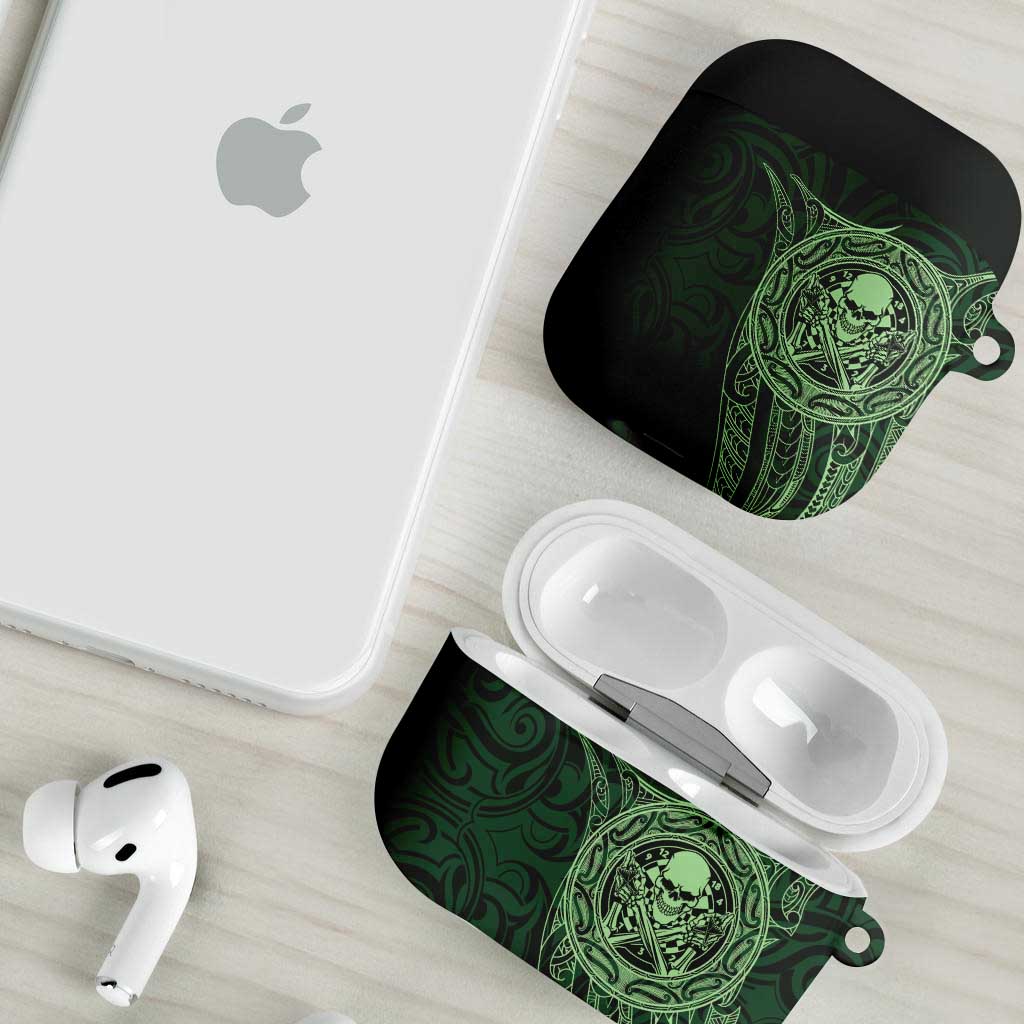 New Zealand Skull Darts AirPods Case Aotearoa Maori Chest Tattoo Stylized Green - Polynesian Pride