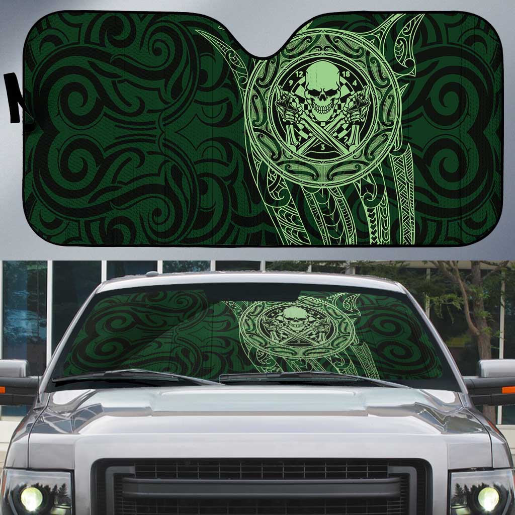 New Zealand Skull Darts Auto Sun Shade Aotearoa Maori Chest Tattoo Stylized Green - Polynesian Pride