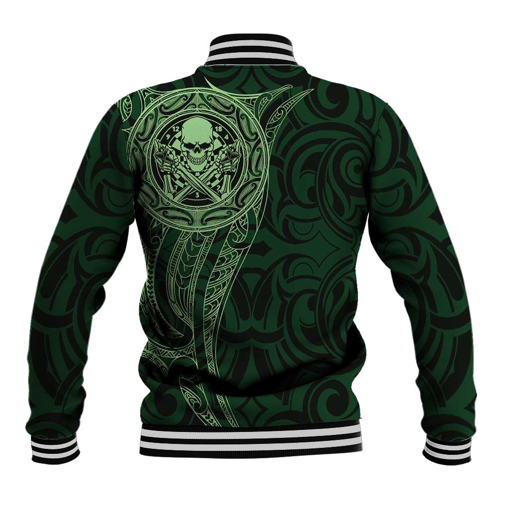 New Zealand Skull Darts Baseball Jacket Aotearoa Maori Chest Tattoo Stylized Green - Polynesian Pride