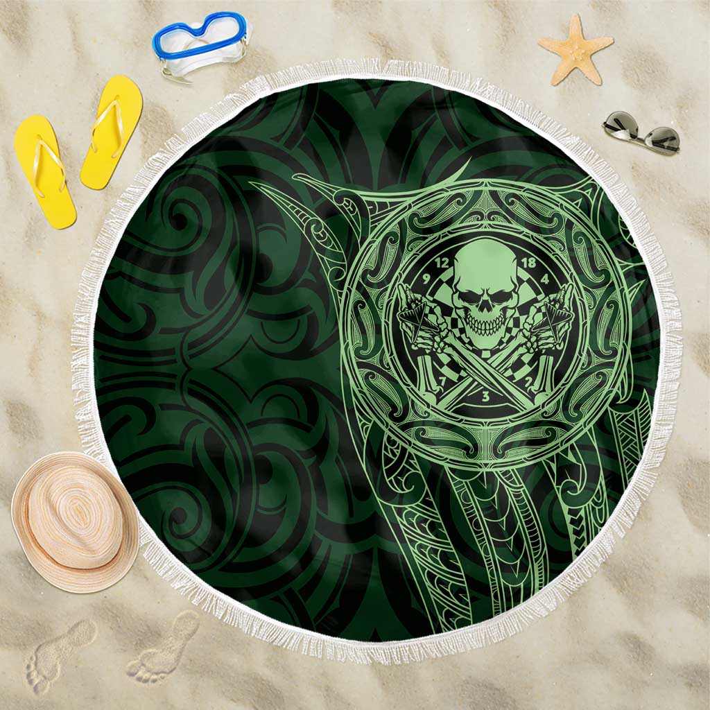New Zealand Skull Darts Beach Blanket Aotearoa Maori Chest Tattoo Stylized Green - Polynesian Pride