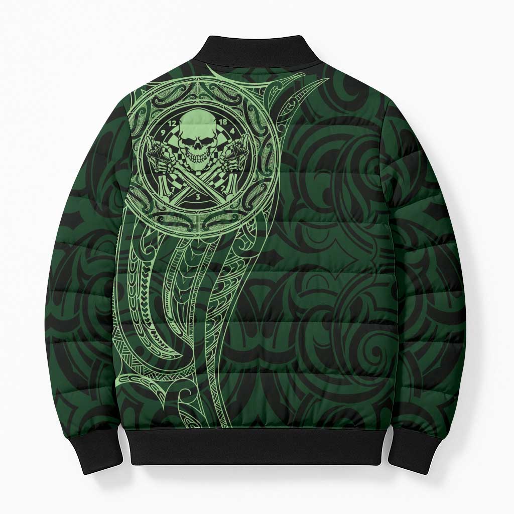 New Zealand Skull Darts Bomber Puffer Jacket Aotearoa Maori Chest Tattoo Stylized Green - Polynesian Pride