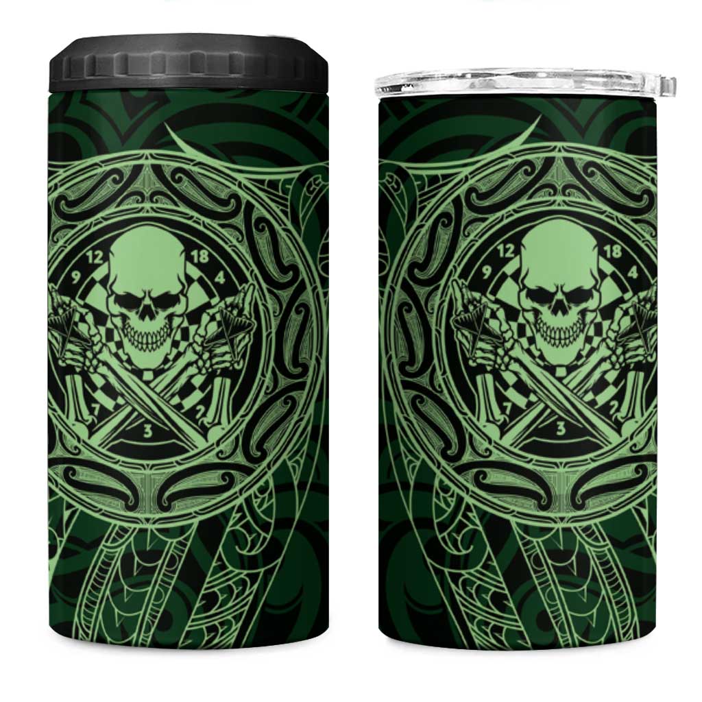 New Zealand Skull Darts 4 in 1 Can Cooler Tumbler Aotearoa Maori Chest Tattoo Stylized Green - Polynesian Pride