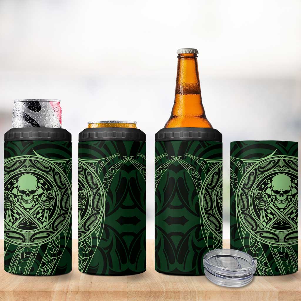 New Zealand Skull Darts 4 in 1 Can Cooler Tumbler Aotearoa Maori Chest Tattoo Stylized Green - Polynesian Pride
