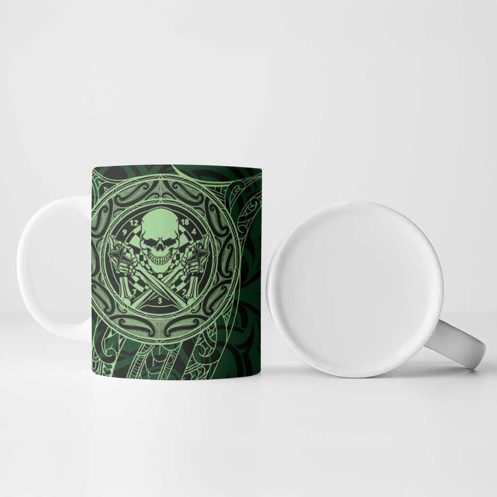 New Zealand Skull Darts Ceramic Mug Aotearoa Maori Chest Tattoo Stylized Green - Polynesian Pride