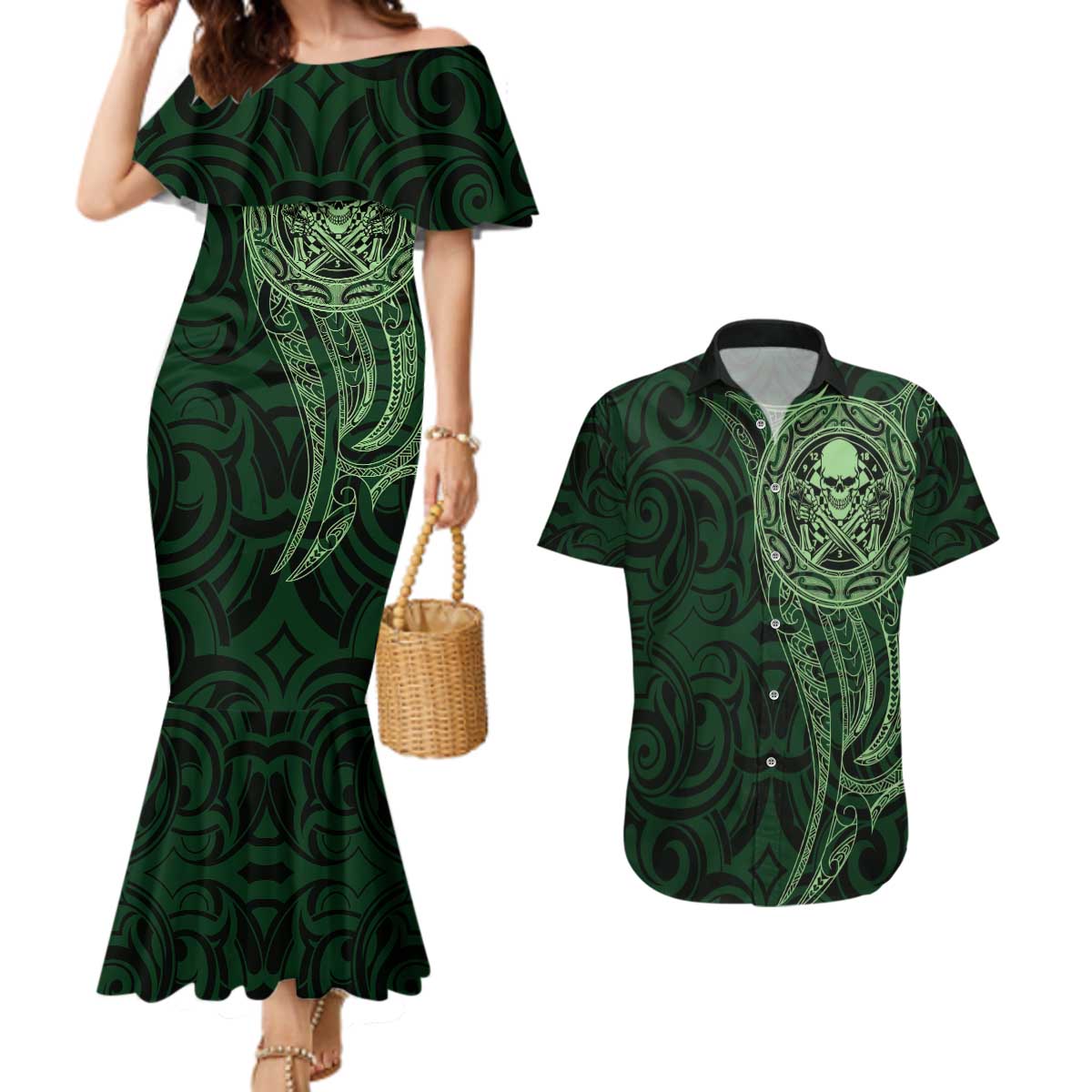 New Zealand Skull Darts Couples Matching Mermaid Dress and Hawaiian Shirt Aotearoa Maori Chest Tattoo Stylized Green - Polynesian Pride