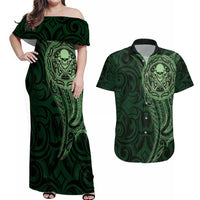 New Zealand Skull Darts Couples Matching Off Shoulder Maxi Dress and Hawaiian Shirt Aotearoa Maori Chest Tattoo Stylized Green - Polynesian Pride