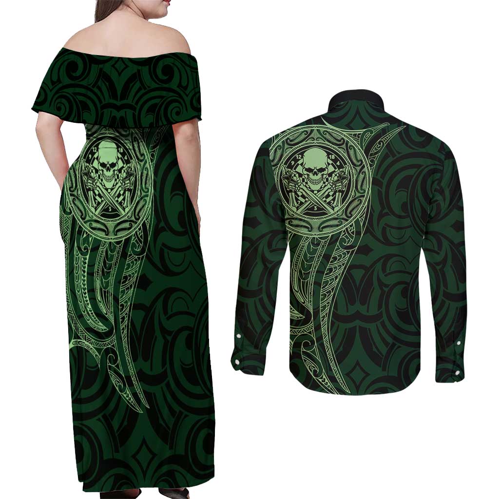 New Zealand Skull Darts Couples Matching Off Shoulder Maxi Dress and Long Sleeve Button Shirt Aotearoa Maori Chest Tattoo Stylized Green - Polynesian Pride