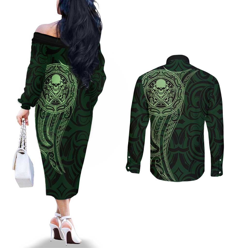 New Zealand Skull Darts Couples Matching Off The Shoulder Long Sleeve Dress and Long Sleeve Button Shirt Aotearoa Maori Chest Tattoo Stylized Green - Polynesian Pride