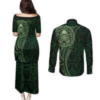 New Zealand Skull Darts Couples Matching Puletasi and Long Sleeve Button Shirt Aotearoa Maori Chest Tattoo Stylized Green - Polynesian Pride