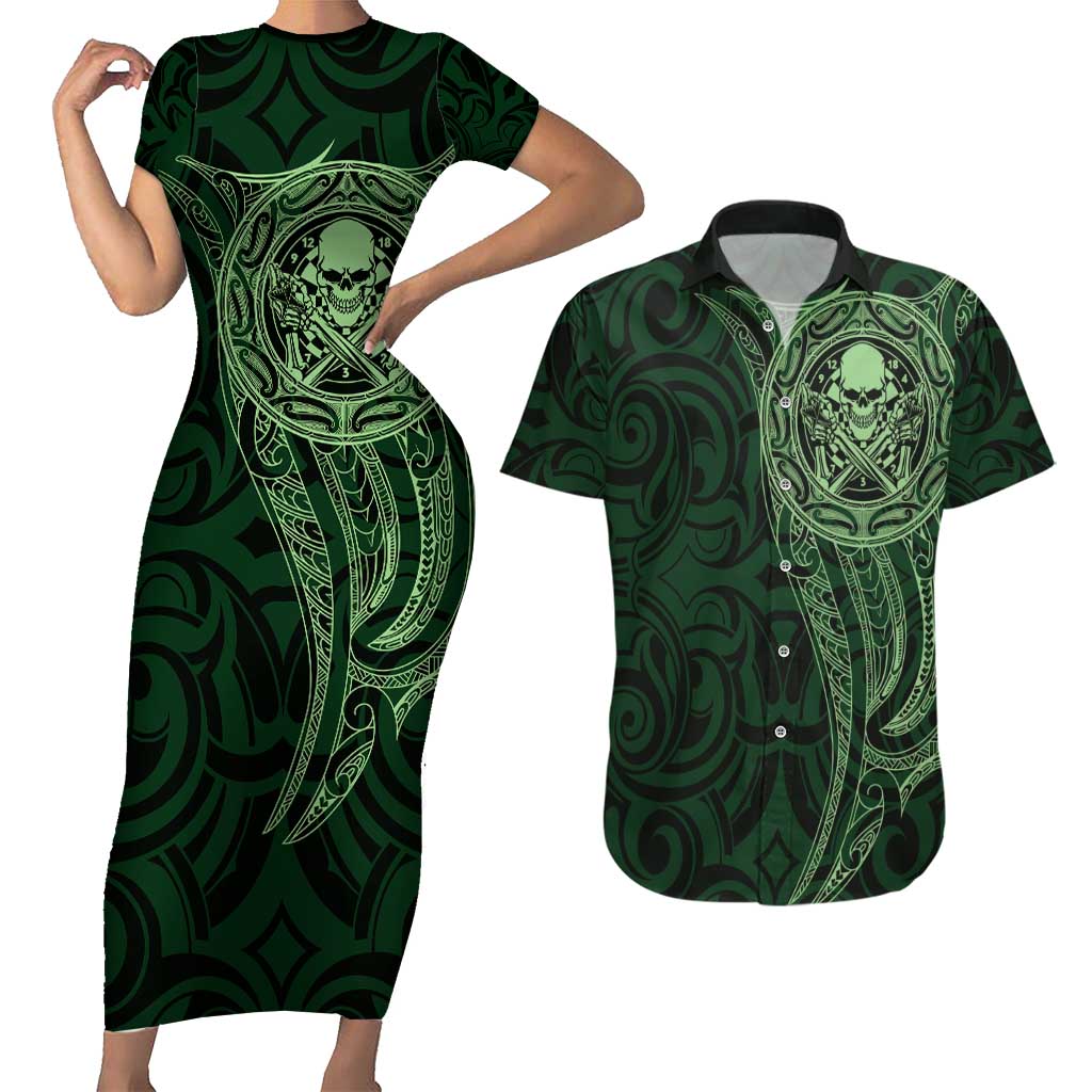 New Zealand Skull Darts Couples Matching Short Sleeve Bodycon Dress and Hawaiian Shirt Aotearoa Maori Chest Tattoo Stylized Green - Polynesian Pride