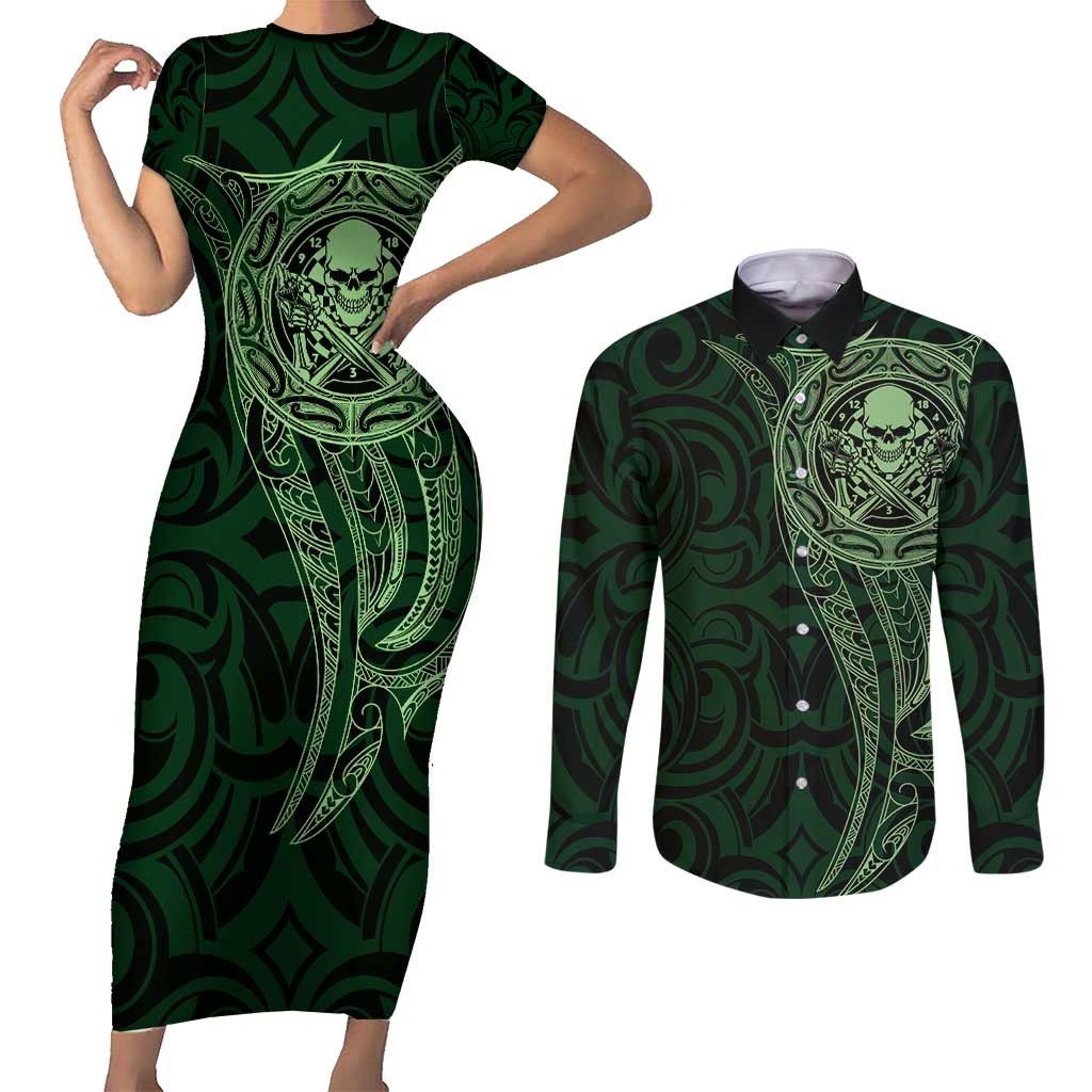 New Zealand Skull Darts Couples Matching Short Sleeve Bodycon Dress and Long Sleeve Button Shirt Aotearoa Maori Chest Tattoo Stylized Green - Polynesian Pride