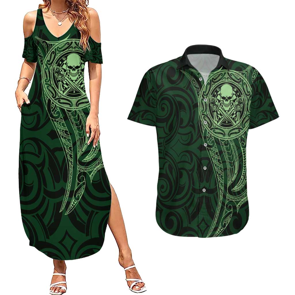 New Zealand Skull Darts Couples Matching Summer Maxi Dress and Hawaiian Shirt Aotearoa Maori Chest Tattoo Stylized Green - Polynesian Pride