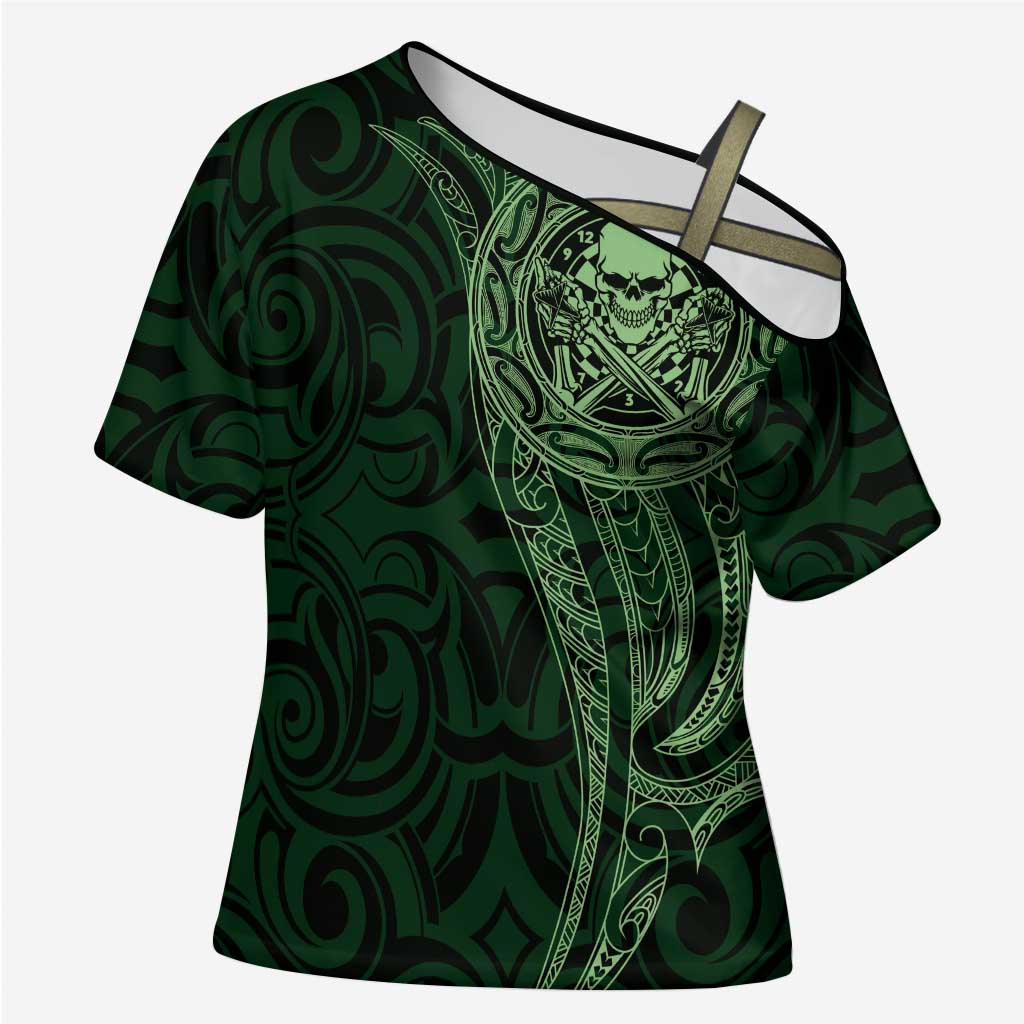 New Zealand Skull Darts Cross Shoulder Shirt Aotearoa Maori Chest Tattoo Stylized Green - Polynesian Pride
