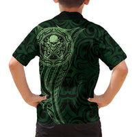 New Zealand Skull Darts Family Matching Long Sleeve Bodycon Dress and Hawaiian Shirt Aotearoa Maori Chest Tattoo Stylized Green LT14 - Polynesian Pride