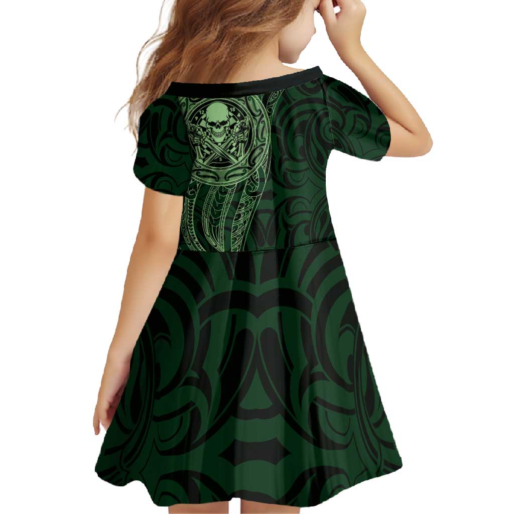 New Zealand Skull Darts Family Matching Long Sleeve Bodycon Dress and Hawaiian Shirt Aotearoa Maori Chest Tattoo Stylized Green LT14 - Polynesian Pride