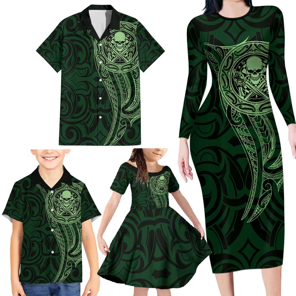 New Zealand Skull Darts Family Matching Long Sleeve Bodycon Dress and Hawaiian Shirt Aotearoa Maori Chest Tattoo Stylized Green LT14 - Polynesian Pride