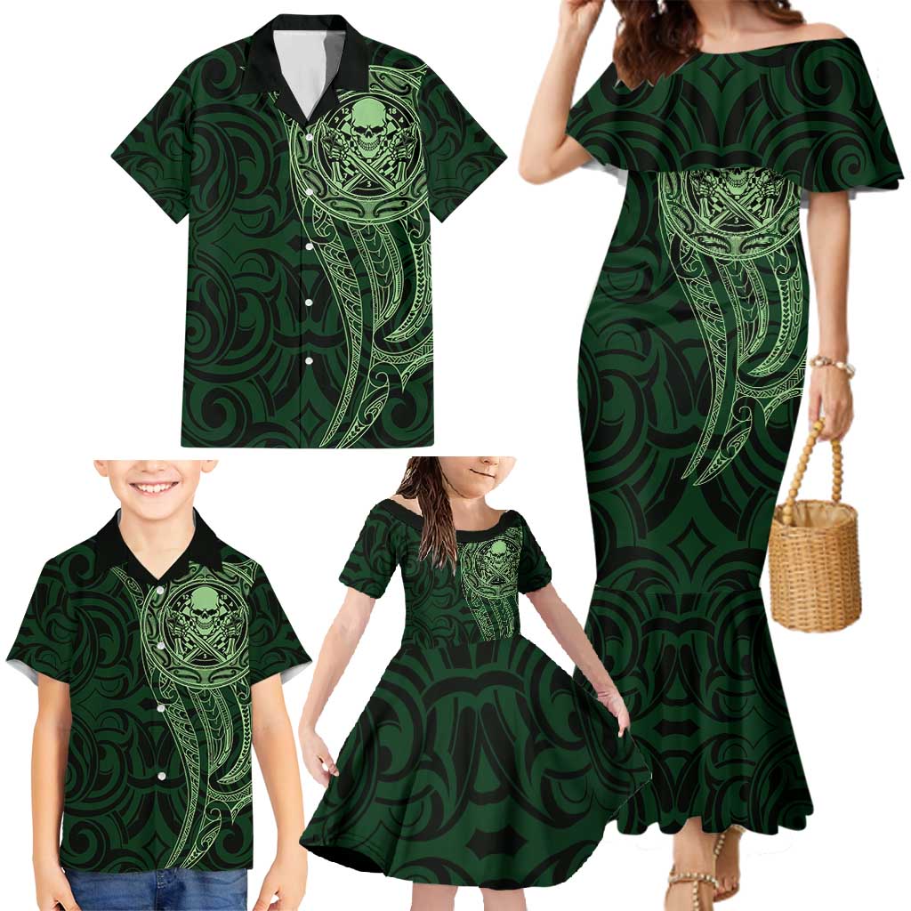 New Zealand Skull Darts Family Matching Mermaid Dress and Hawaiian Shirt Aotearoa Maori Chest Tattoo Stylized Green - Polynesian Pride