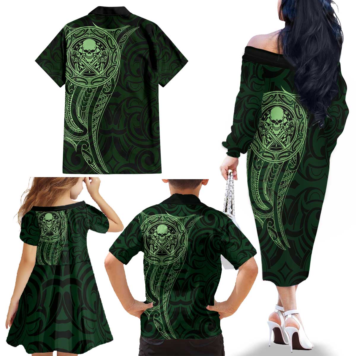 New Zealand Skull Darts Family Matching Off The Shoulder Long Sleeve Dress and Hawaiian Shirt Aotearoa Maori Chest Tattoo Stylized Green - Polynesian Pride