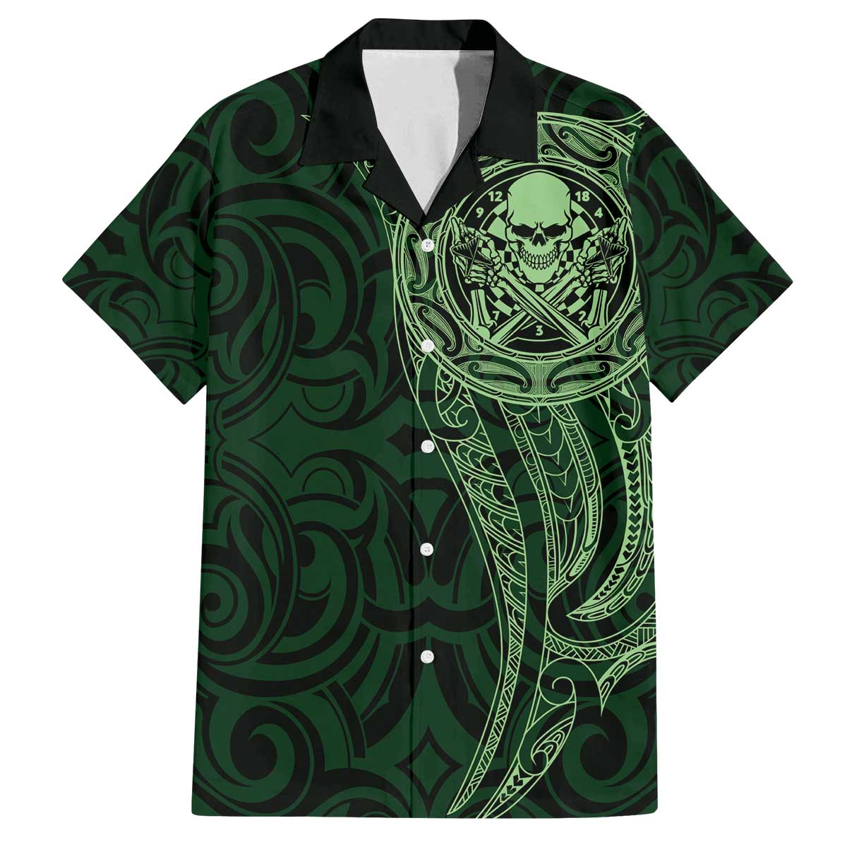 New Zealand Skull Darts Family Matching Off The Shoulder Long Sleeve Dress and Hawaiian Shirt Aotearoa Maori Chest Tattoo Stylized Green - Polynesian Pride