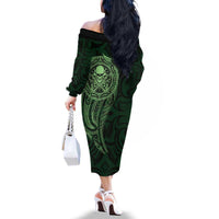 New Zealand Skull Darts Family Matching Off The Shoulder Long Sleeve Dress and Hawaiian Shirt Aotearoa Maori Chest Tattoo Stylized Green - Polynesian Pride