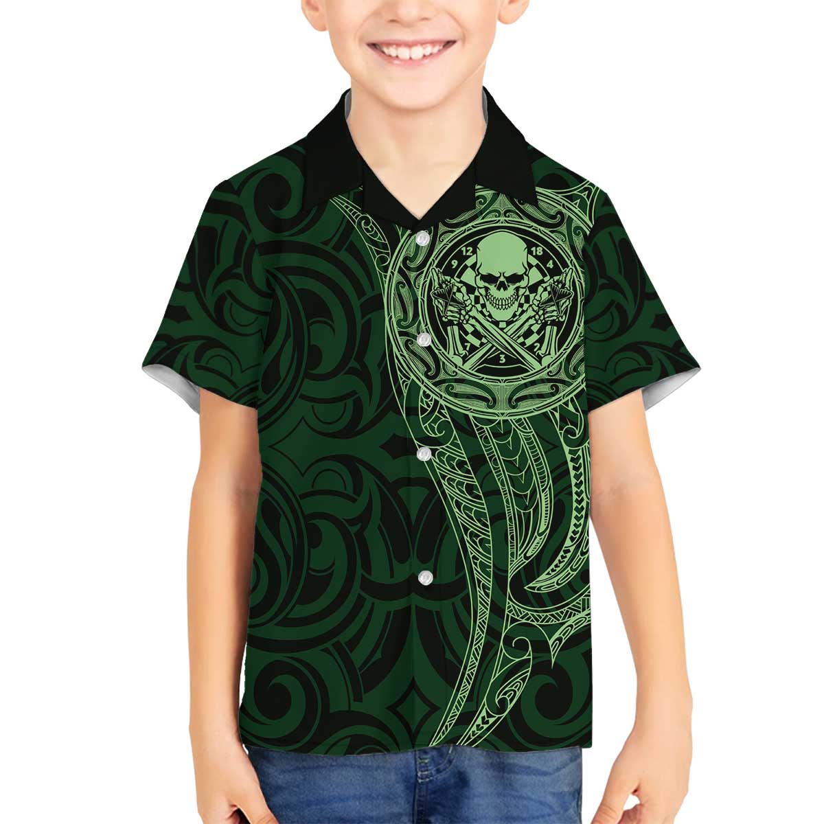 New Zealand Skull Darts Family Matching Off The Shoulder Long Sleeve Dress and Hawaiian Shirt Aotearoa Maori Chest Tattoo Stylized Green - Polynesian Pride